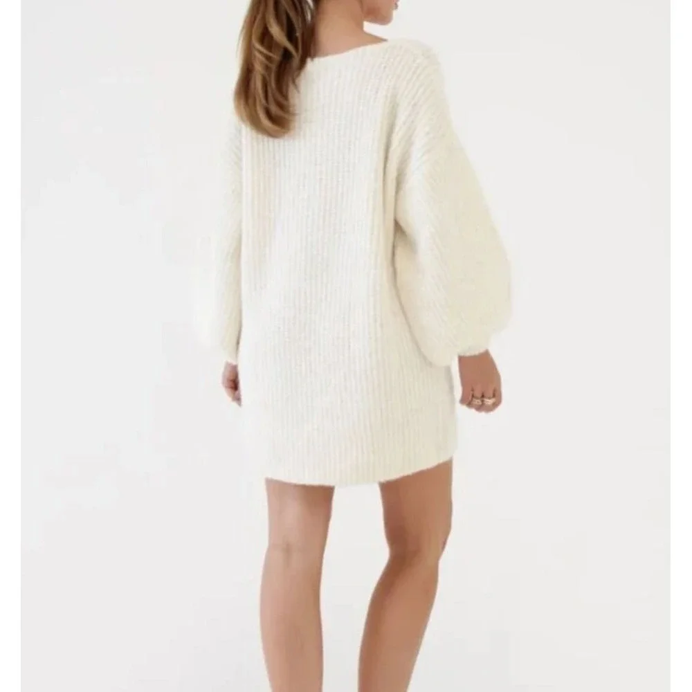 Rumored Revolve Oversized Knit L Sweater Dress Cream Balloon Sleeve Cozy - Picture 6 of 8